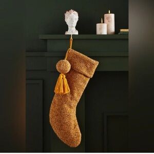 New🌟Anthropologie Boucle Christmas Stocking Large Honey Hygge Cozy Pom/Tassel